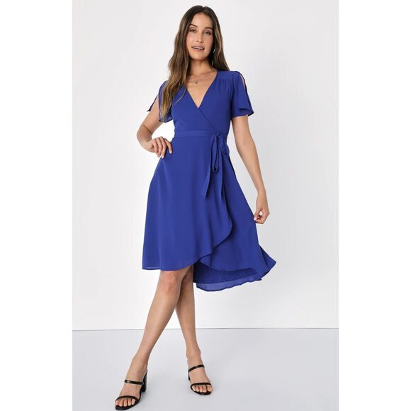 LULUS RISE TO THE OCCASTION ROYAL BLUE WRAP DRESS BUTTERFLY SLEEVE SIZE MEDIIUM - Picture 1 of 14